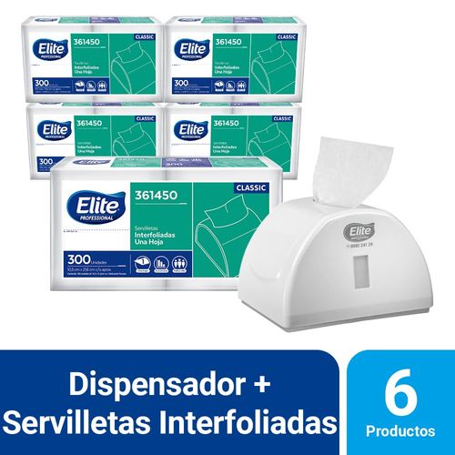 Pack 5 Paquetes Servilleta Interfoliada Classic 1 hoja 300 und + Dispensador de servilletas interfoliado Blanco