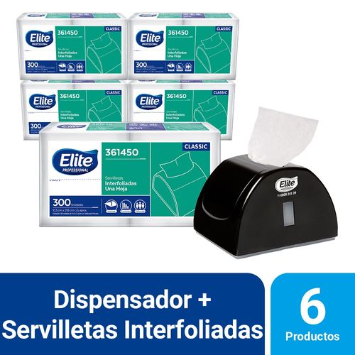 Pack 5 Paquetes Servilleta Interfoliada Classic 1 hoja 300 und + Dispensador de servilletas interfoliado Negro