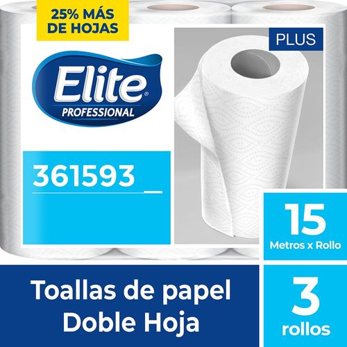 Toalla Rollo Plus Doble Hoja 3 Un 15 M Elite Professional